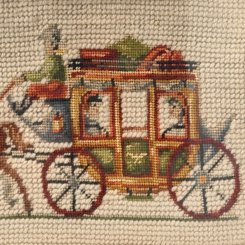 Vintage Framed Needlepoint Horse Drawn Stagecoach Equestrian Textile Wall Art - Picture 2 of 4